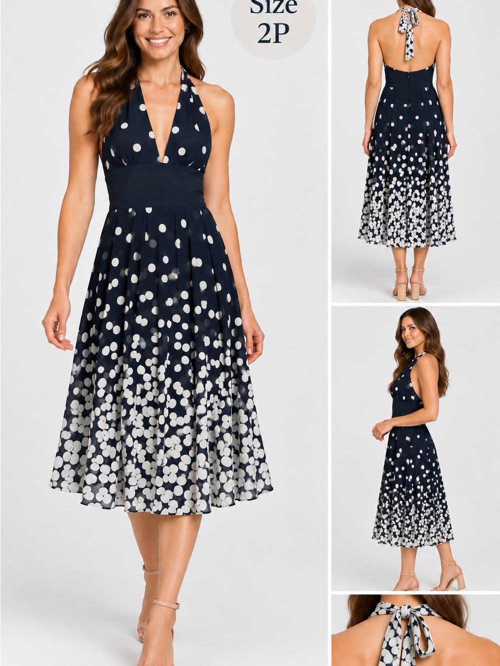 Adrianna Papell Chiffon Halter Midi Dress Polka Dot Navy White Petite Sz 2P